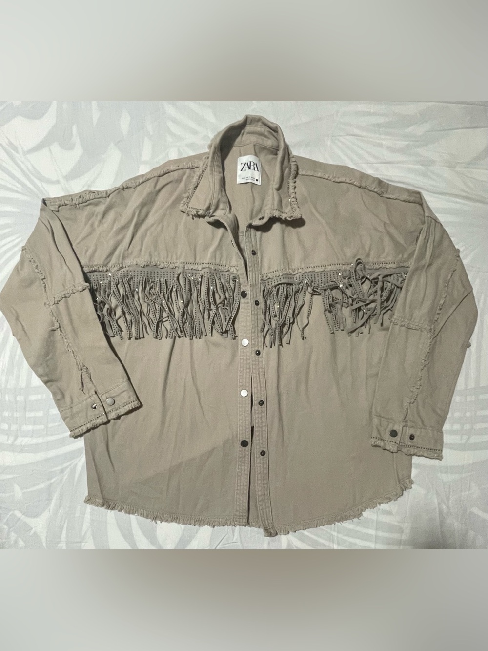 Zara Taupe Fringe Button-Front Shirt Jacket